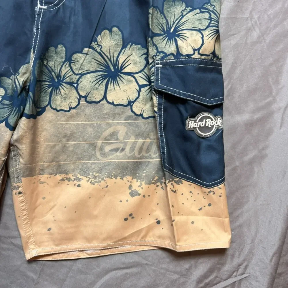 Hard Rock Boardshorts Mens 34 Swim Trunks Hibiscus Guitar Beach Swim Vacation